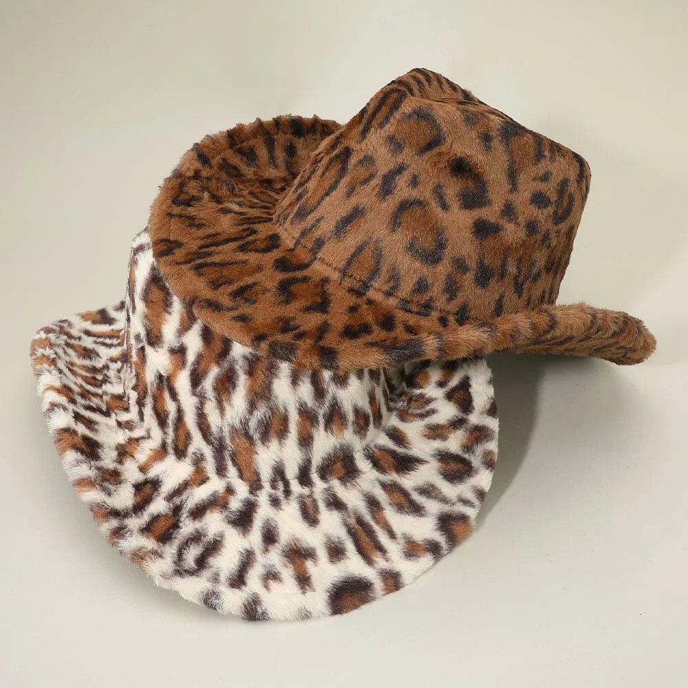 Brown Leopard Print Pattern Fuzzy Cowgirl Cowboy Brim Fur Fedora Western Hat